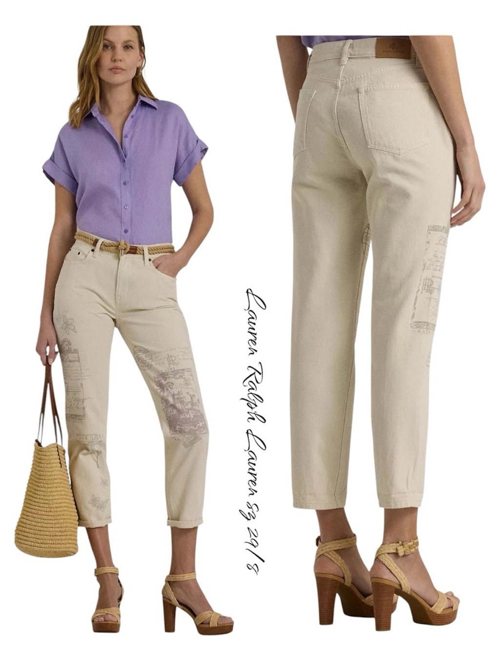 Lauren Ralph Lauren Print Relaxed Tapered Ankle Jeans Cream Beige 29/8